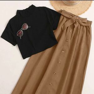 Button Down Self Tie Maxi Skirt, Camel Tan Brown, size small